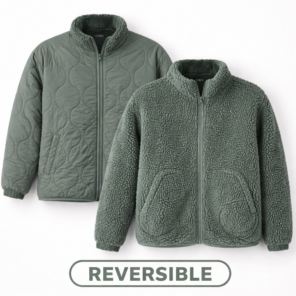 Kids Reversible Sherpa Quilted Jacket Sage Green Full Zip Size 10/12 AS-IS